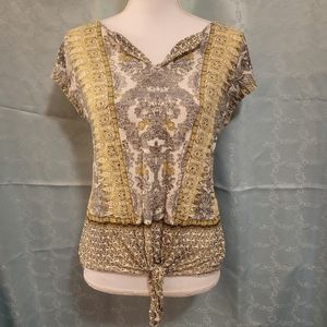 Lucky Brand yellow mixed pattern boho short sleeve tied waiste top Size M
